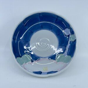 hand painted japanese pedestal bowl with floral design & blue accents